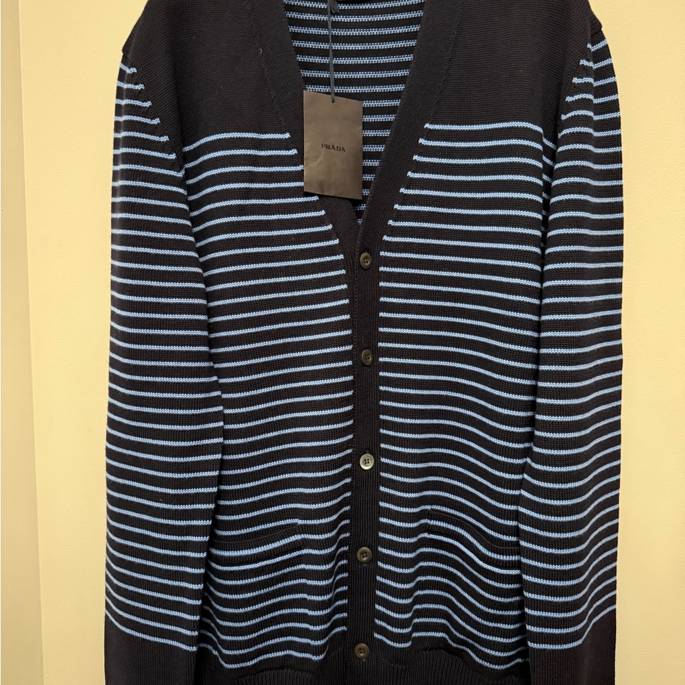 Prada Men's Navy and Blue Striped Cardigan Jacket Size 54 Large